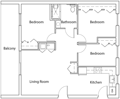 Floor plan for 3 beds, 1 bath, 1053 sqft